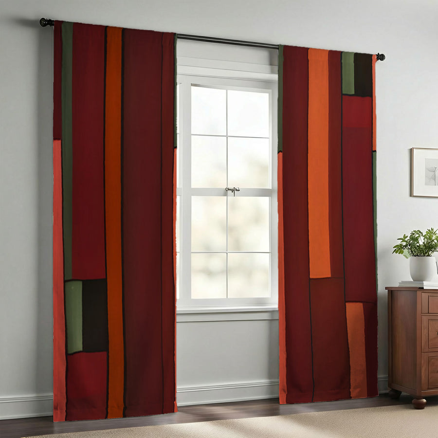 Red Geometric Stripe Block Pattern Window Curtains