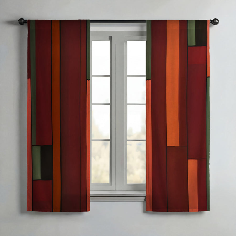 Red Geometric Stripe Block Pattern Window Curtains