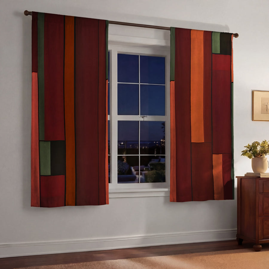 Red Geometric Stripe Block Pattern Window Curtains