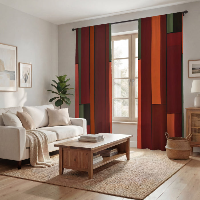 Red Geometric Stripe Block Pattern Window Curtains