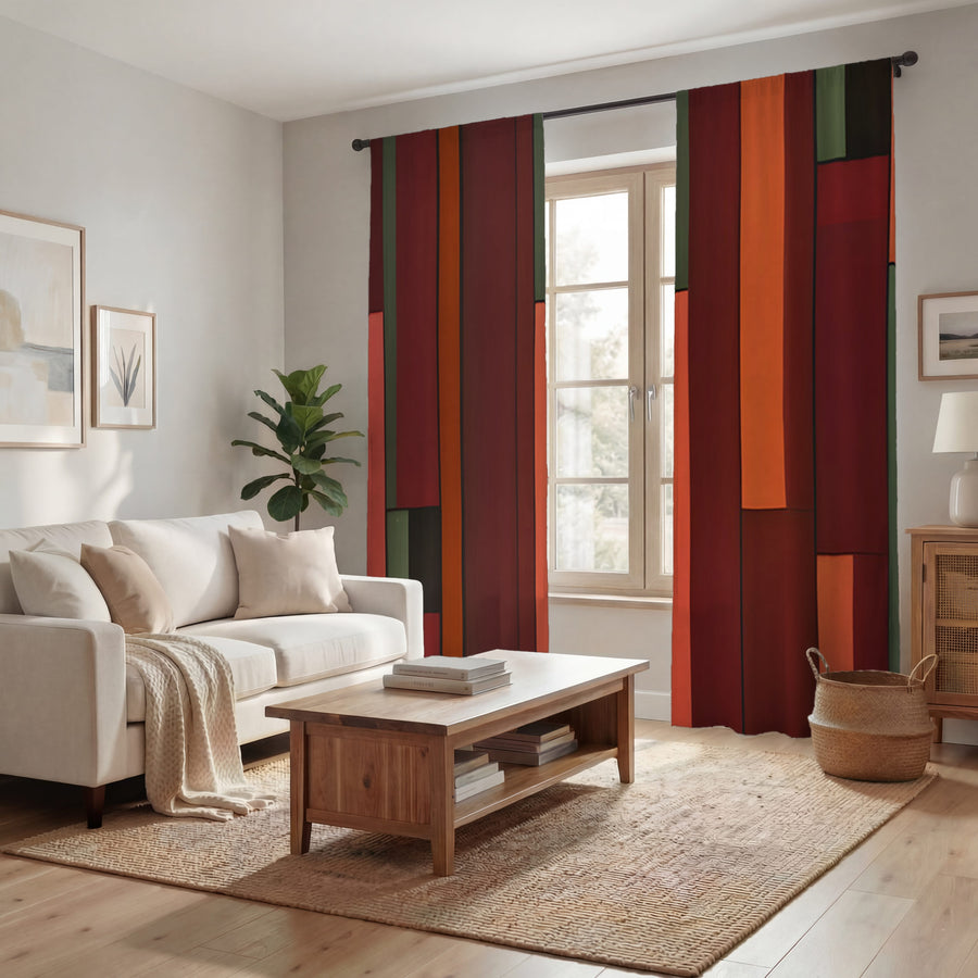 Red Geometric Stripe Block Pattern Window Curtains
