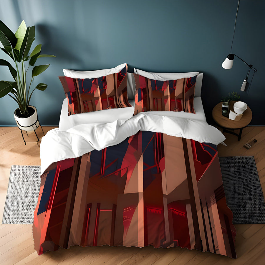 Red Architectural Line Abstract Pattern Duvet Cover