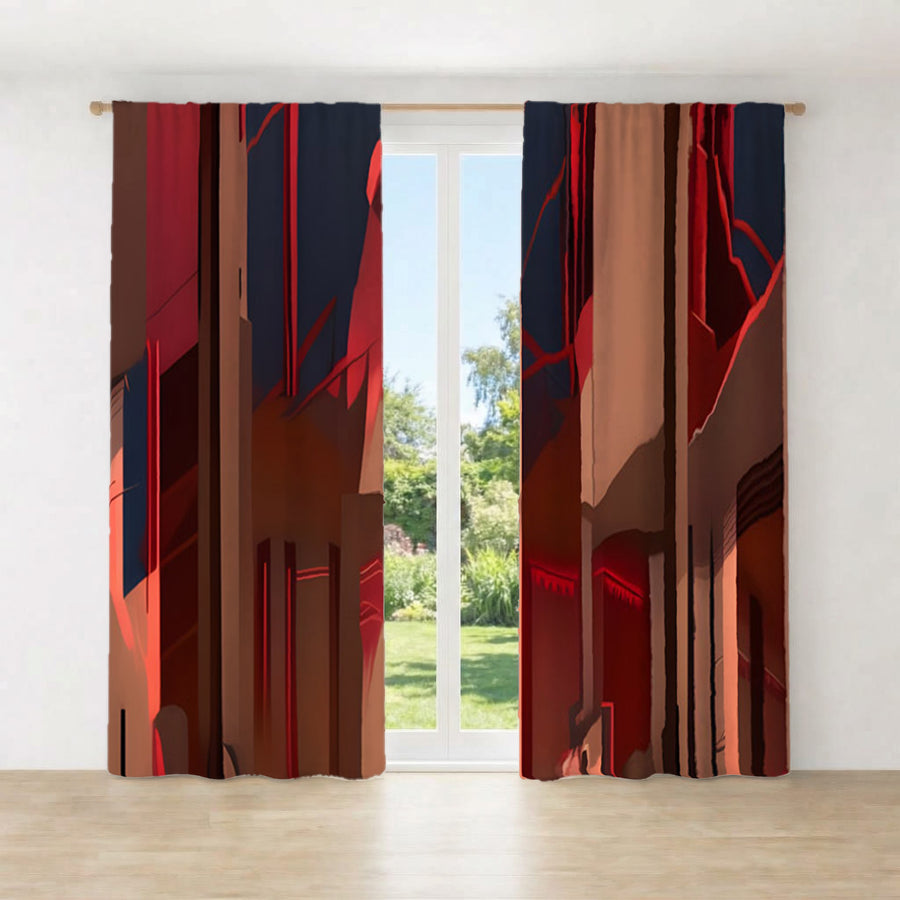 Red Architectural Line Abstract Pattern Window Curtains
