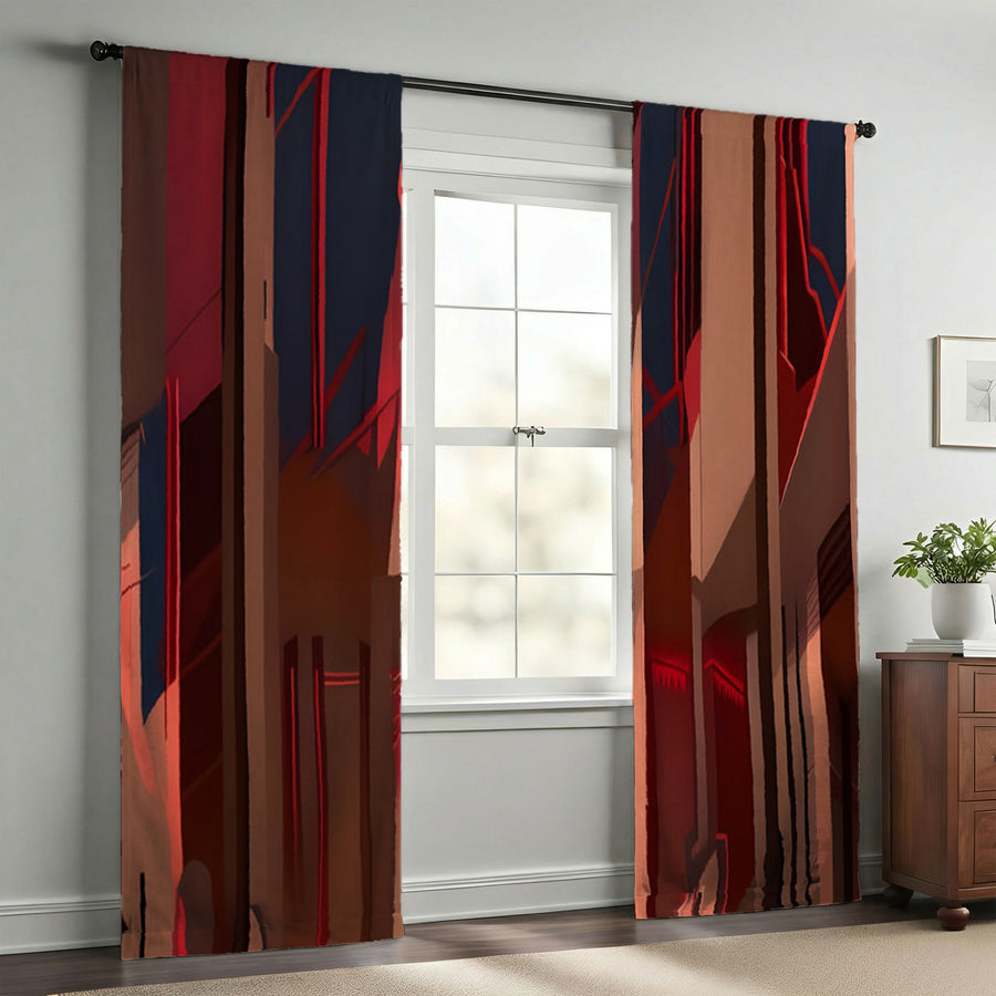 Red Architectural Line Abstract Pattern Window Curtains