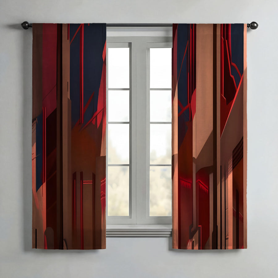 Red Architectural Line Abstract Pattern Window Curtains