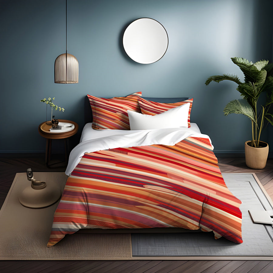 Red and Beige Linear Flow Pattern Duvet Cover