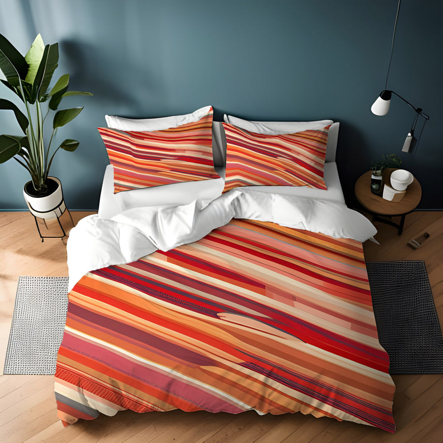 Red and Beige Linear Flow Pattern Duvet Cover
