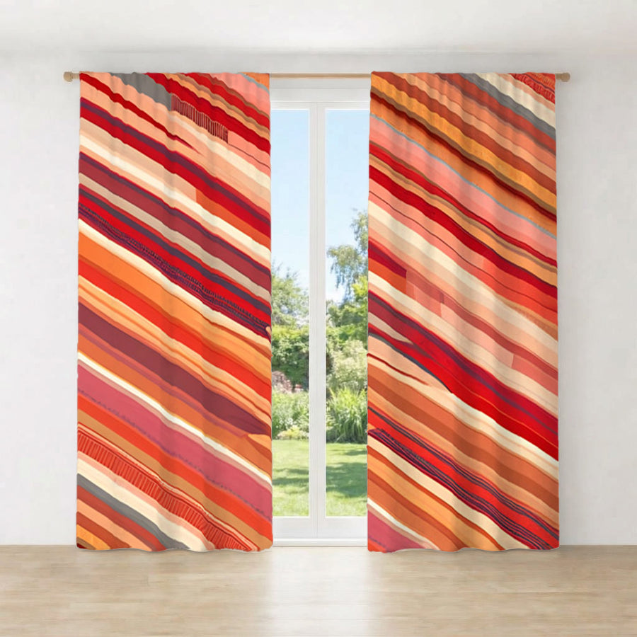 Red and Beige Linear Flow Pattern Window Curtains