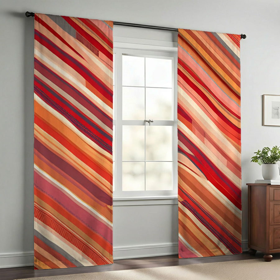 Red and Beige Linear Flow Pattern Window Curtains