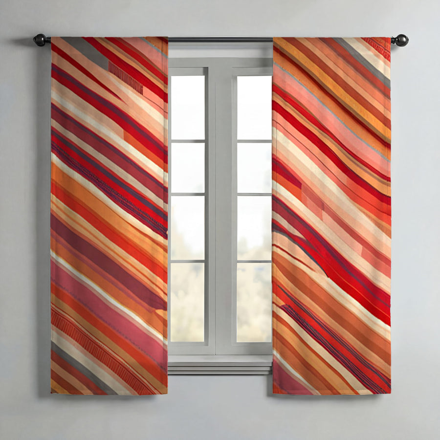 Red and Beige Linear Flow Pattern Window Curtains
