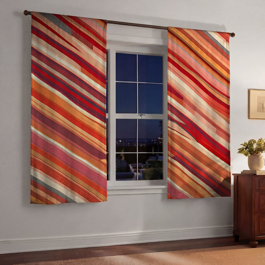 Red and Beige Linear Flow Pattern Window Curtains