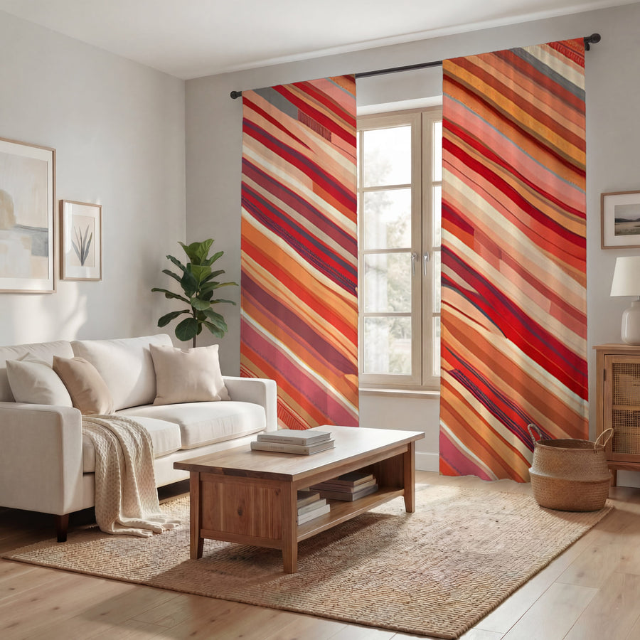 Red and Beige Linear Flow Pattern Window Curtains