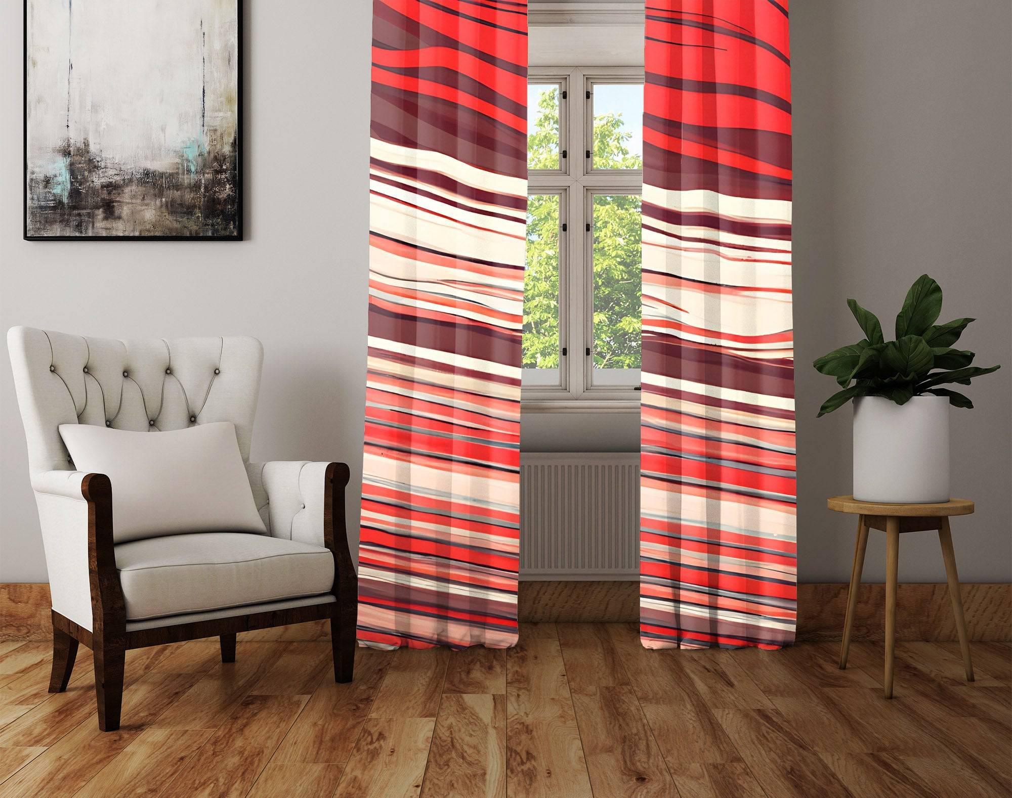 Striped Window Curtains Red White