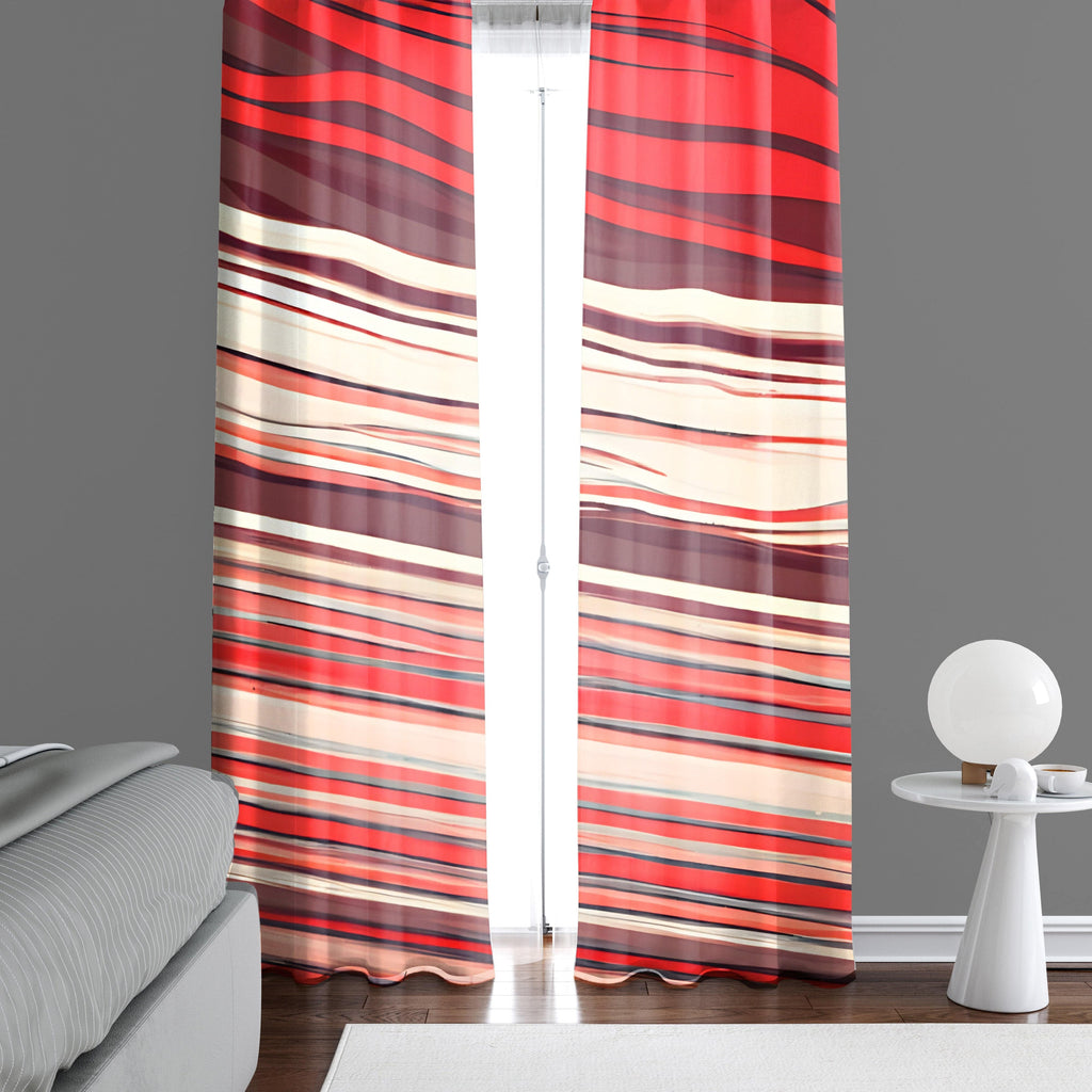 Striped Window Curtains - Red, White and Pink Horizontal Abstract Stripes - Deja Blue Studios