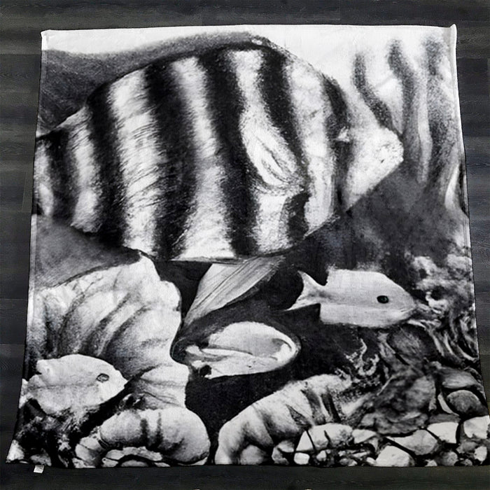 Gray Tropical Fish Illustration Pattern Fleece Sherpa Blanket