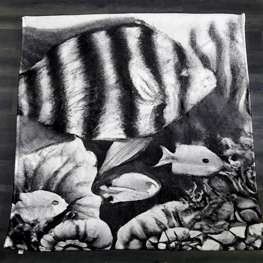Gray Tropical Fish Illustration Pattern Fleece Sherpa Blanket