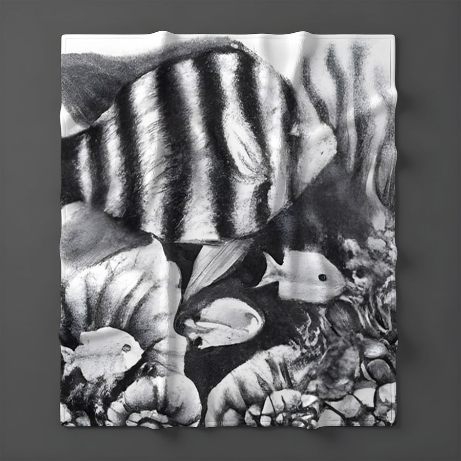 Gray Tropical Fish Illustration Pattern Fleece Sherpa Blanket