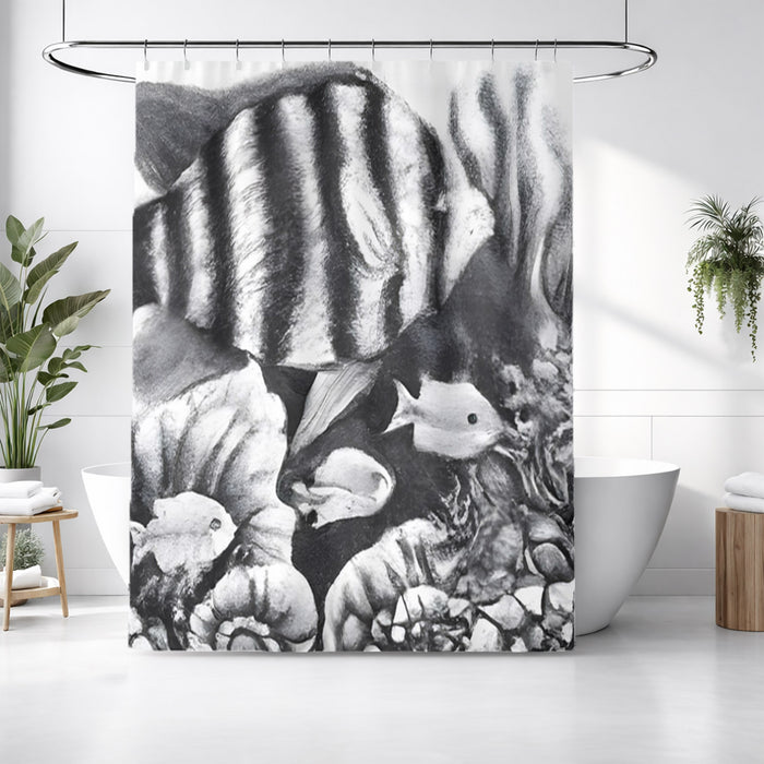 Gray Tropical Fish Illustration Pattern Shower Curtain