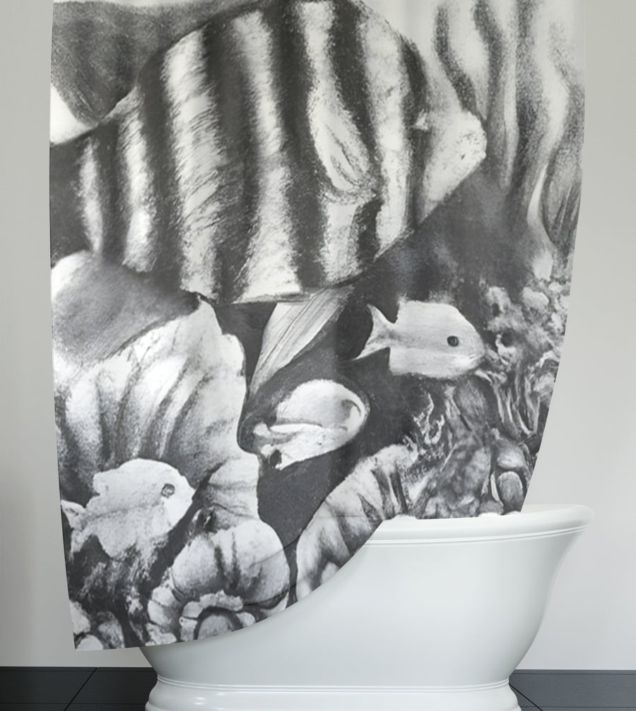 Gray Tropical Fish Illustration Pattern Shower Curtain
