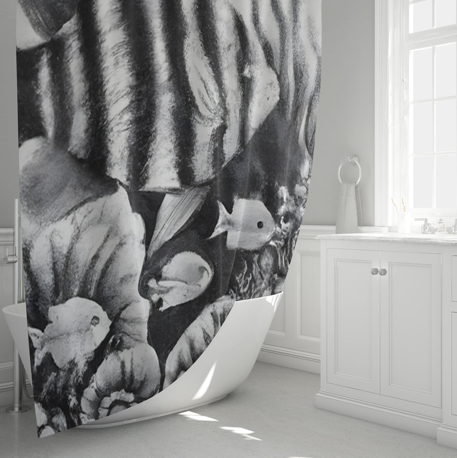Gray Tropical Fish Illustration Pattern Shower Curtain