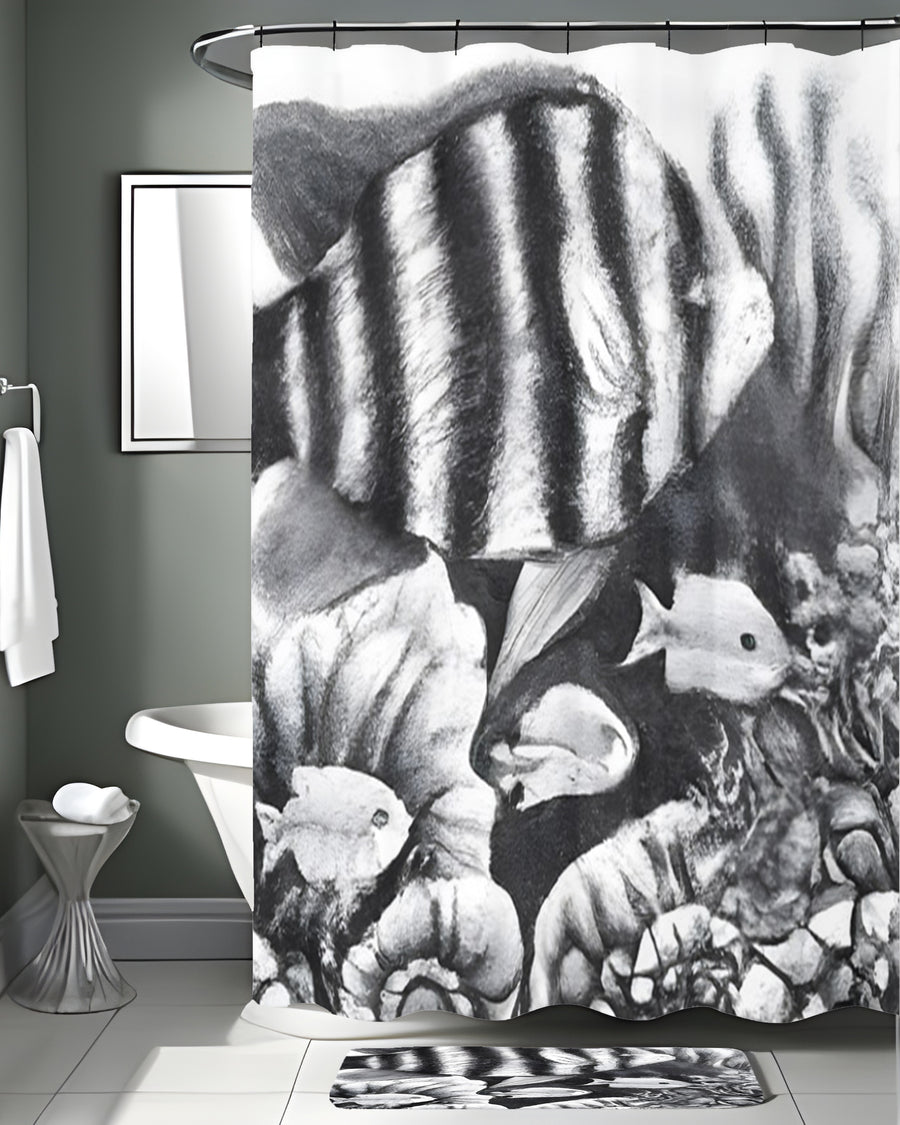Gray Tropical Fish Illustration Pattern Shower Curtain