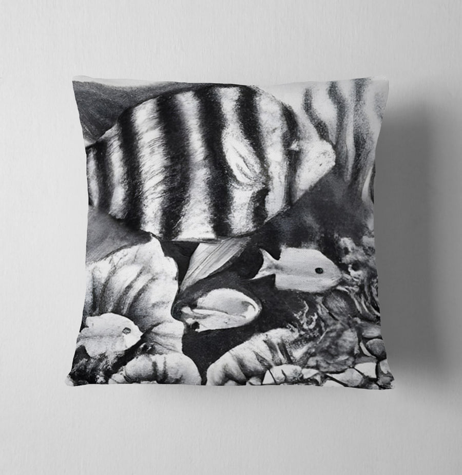 Gray Tropical Fish Illustration Pattern Throw Pillow Cover