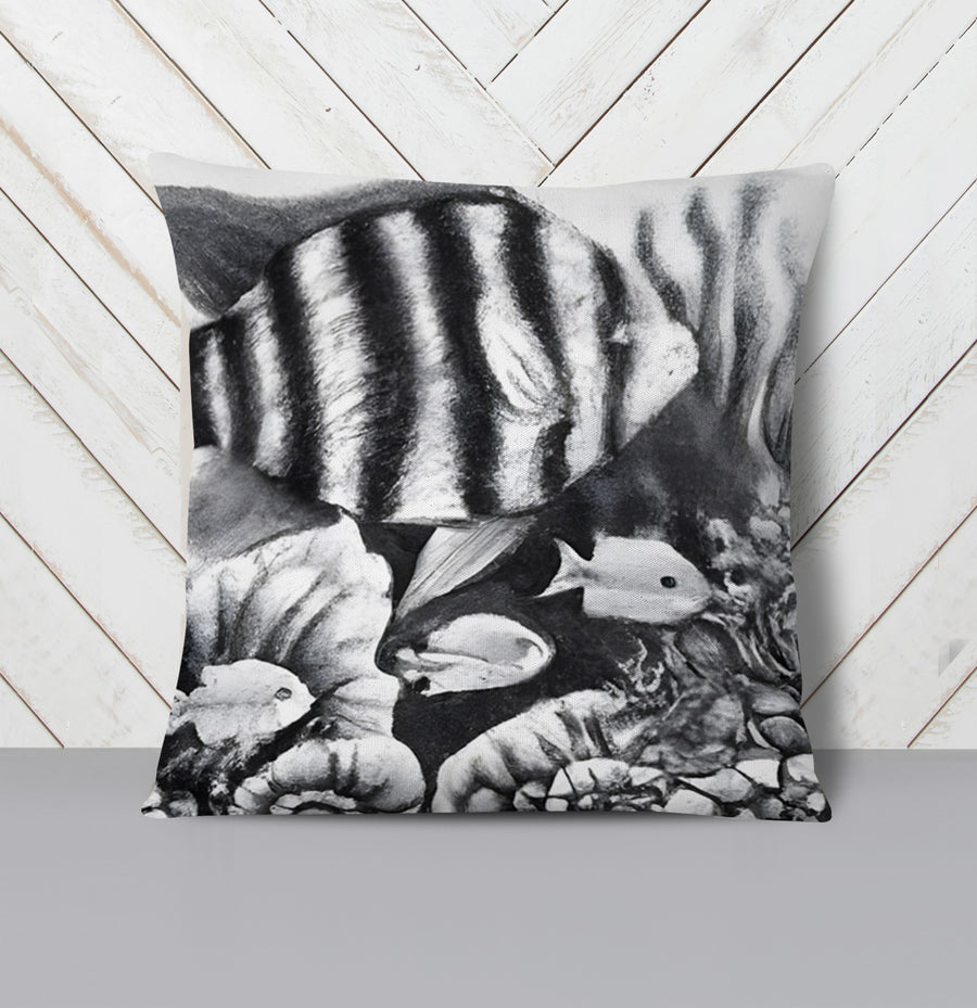 Gray Tropical Fish Illustration Pattern Throw Pillow Cover