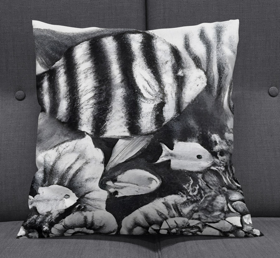 Gray Tropical Fish Illustration Pattern Throw Pillow Cover