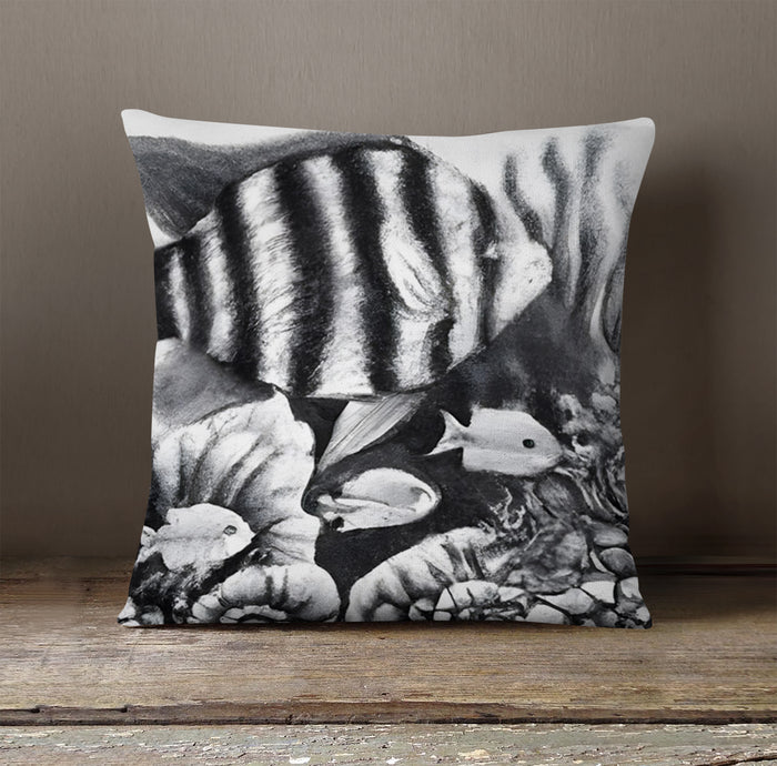 Gray Tropical Fish Illustration Pattern Throw Pillow Cover