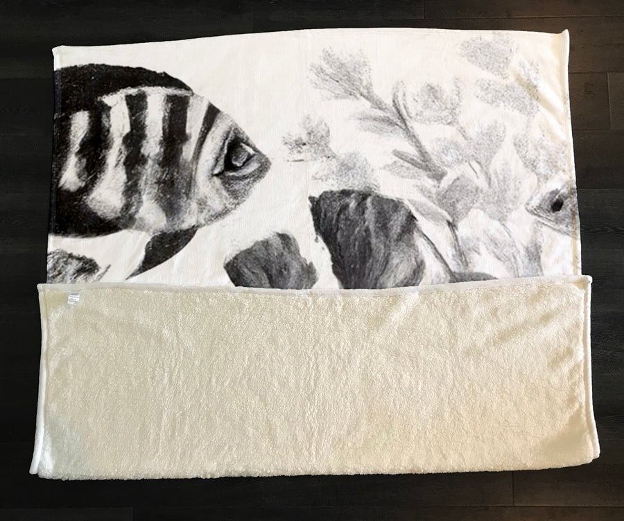 Gray Coral Reef Illustration Pattern Fleece Sherpa Blanket
