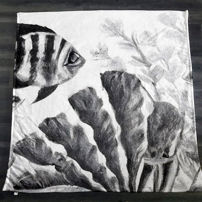 Gray Coral Reef Illustration Pattern Fleece Sherpa Blanket