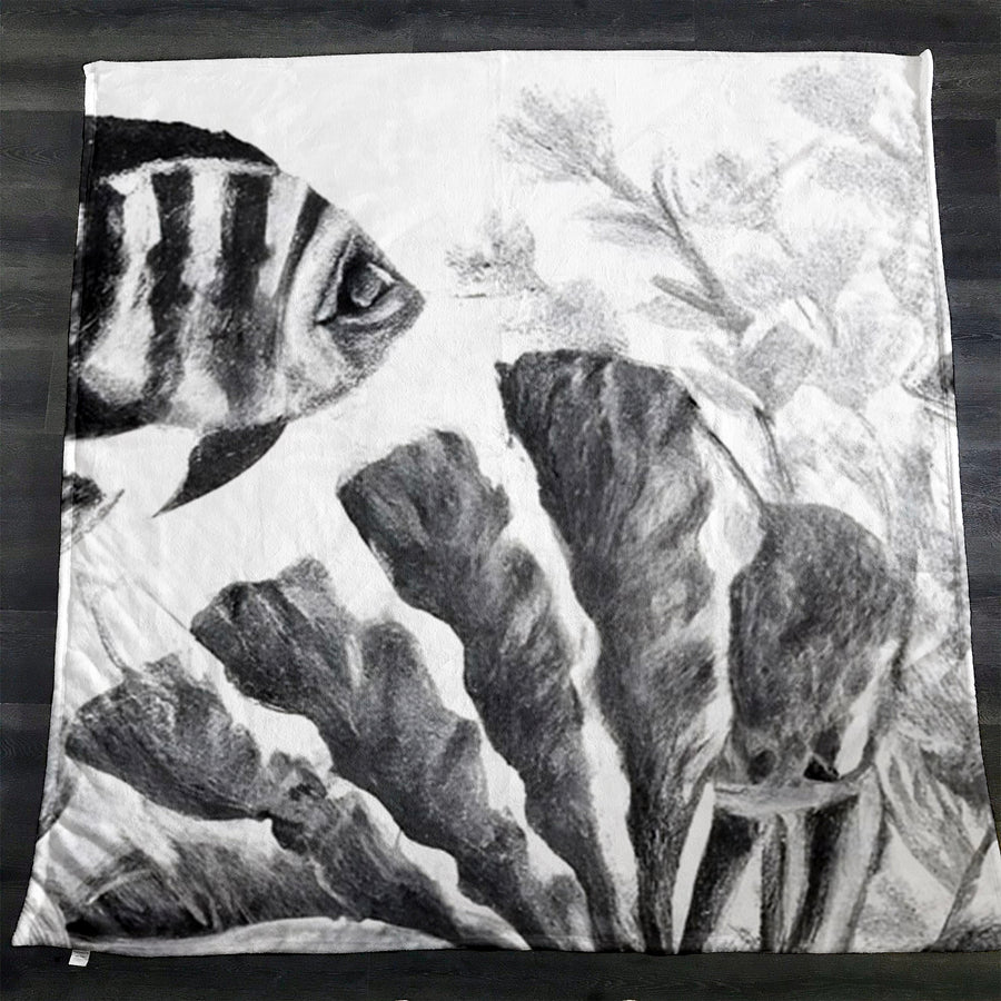 Gray Coral Reef Illustration Pattern Fleece Sherpa Blanket