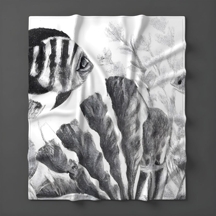 Gray Coral Reef Illustration Pattern Fleece Sherpa Blanket