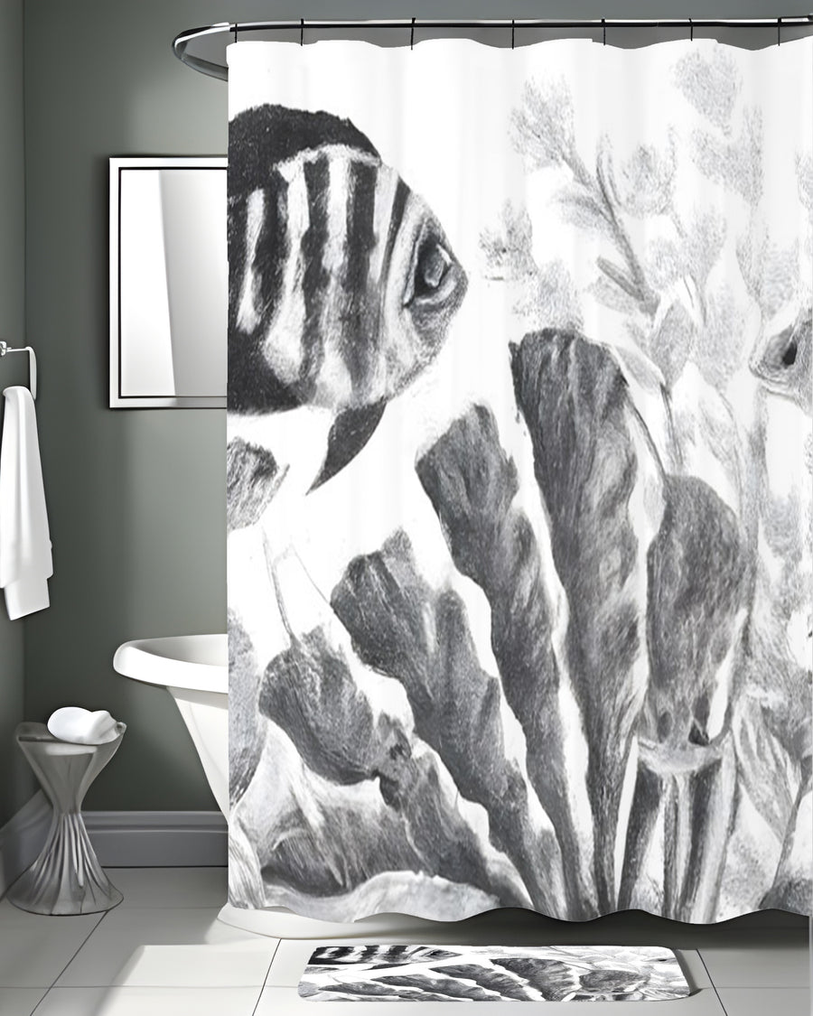 Gray Coral Reef Illustration Pattern Shower Curtain