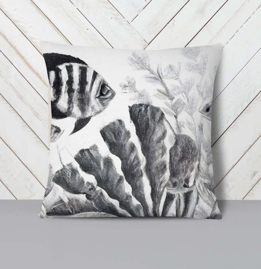 Gray Coral Reef Illustration Pattern Throw Pillow Cover