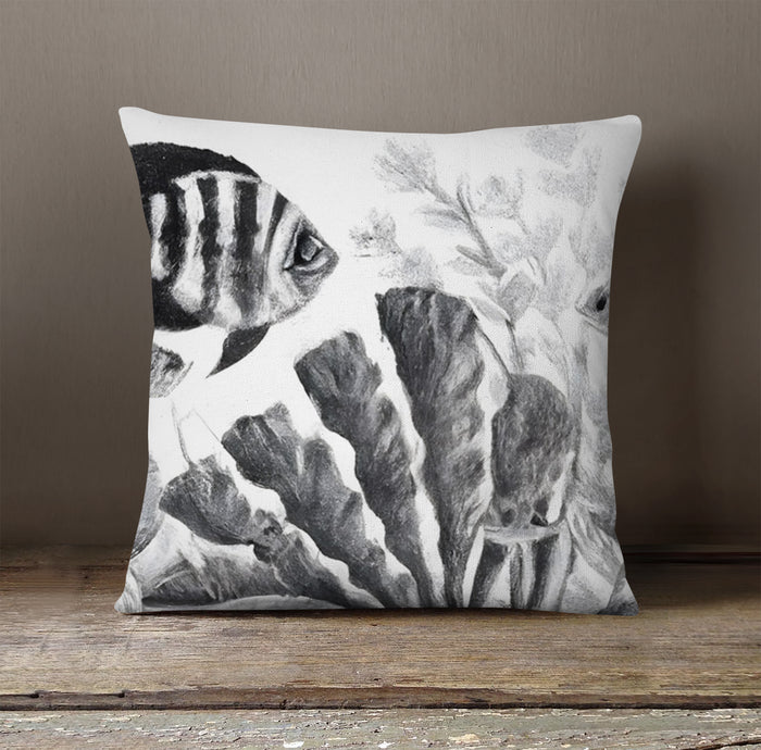 Gray Coral Reef Illustration Pattern Throw Pillow Cover