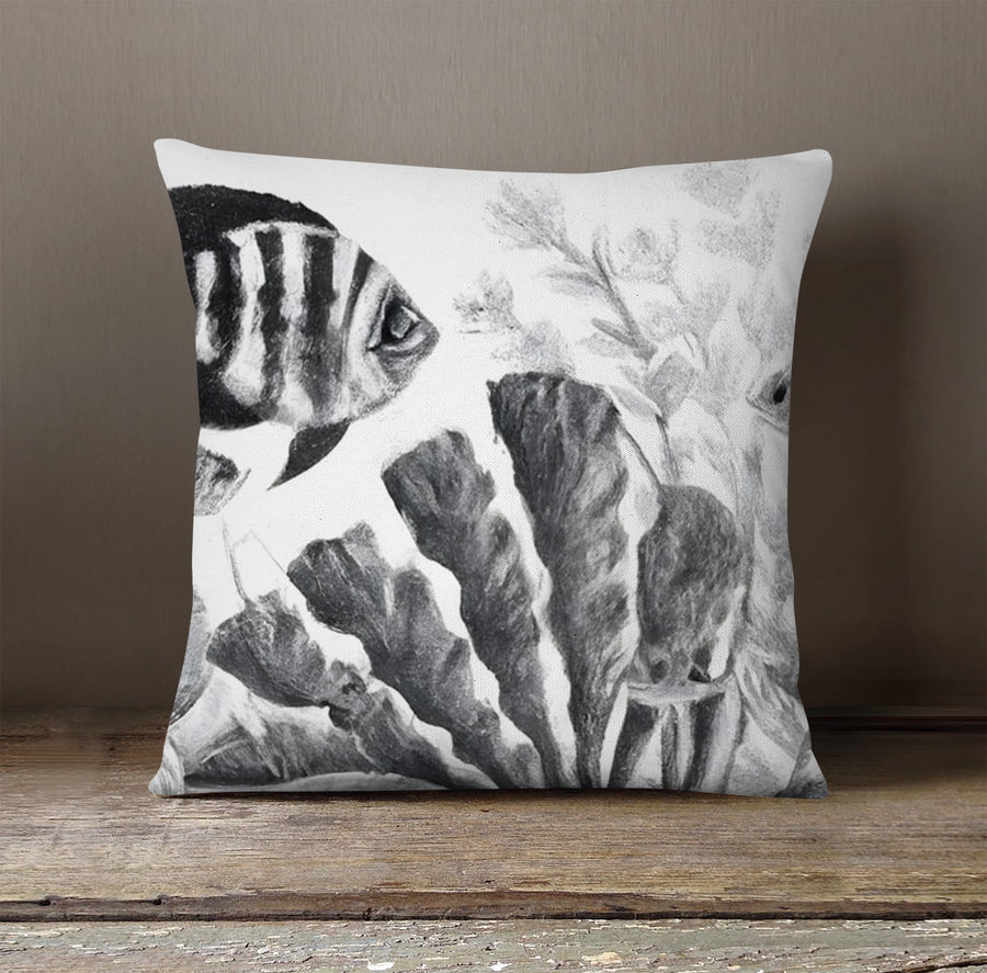 Gray Coral Reef Illustration Pattern Throw Pillow Cover