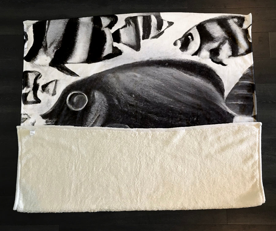 Black and White Fish Reef Illustration Fleece Sherpa Blanket