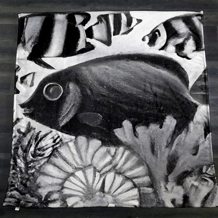 Black and White Fish Reef Illustration Fleece Sherpa Blanket