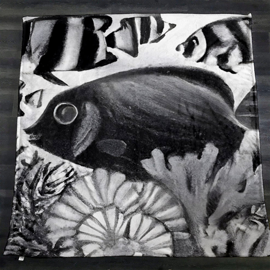 Black and White Fish Reef Illustration Fleece Sherpa Blanket