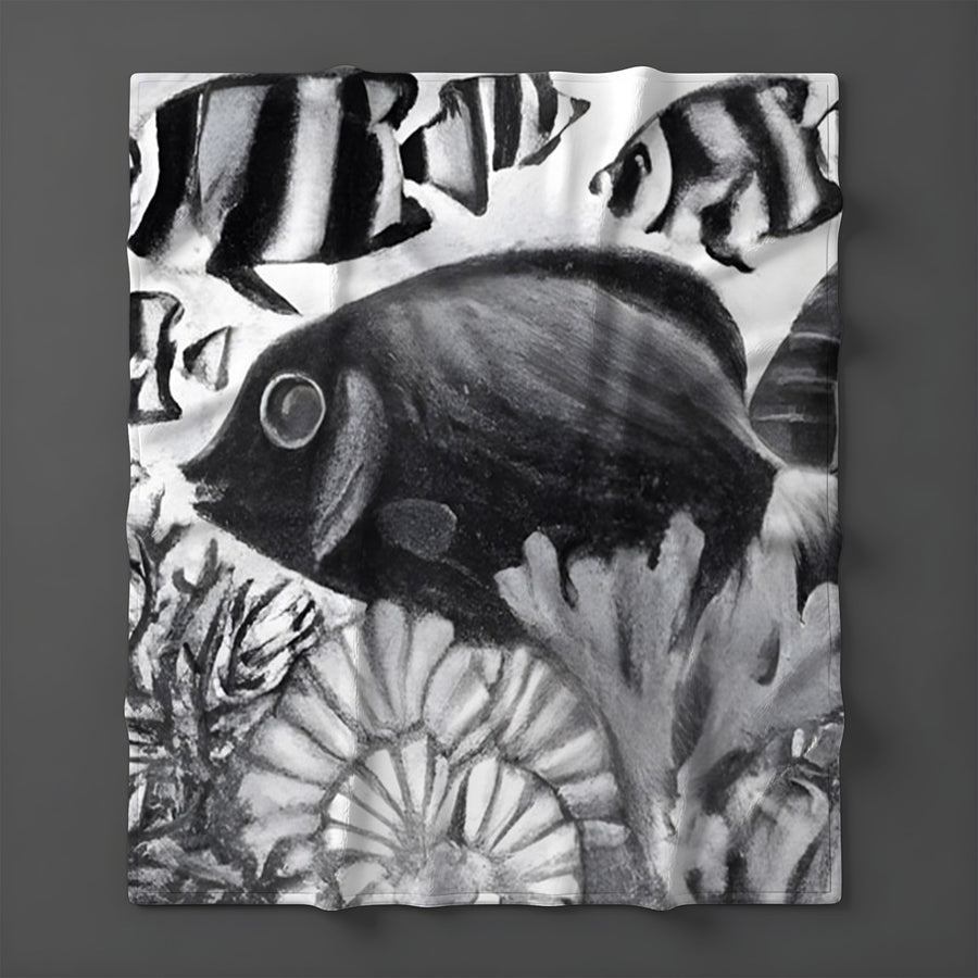Black and White Fish Reef Illustration Fleece Sherpa Blanket