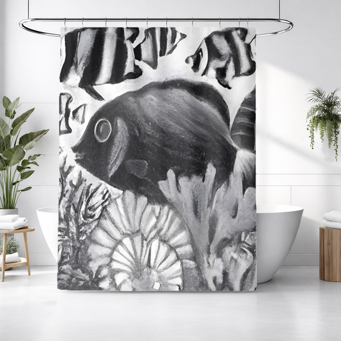 Black and White Fish Reef Illustration Shower Curtain