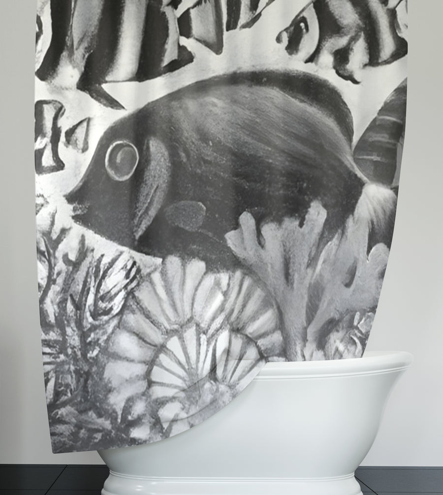 Black and White Fish Reef Illustration Shower Curtain