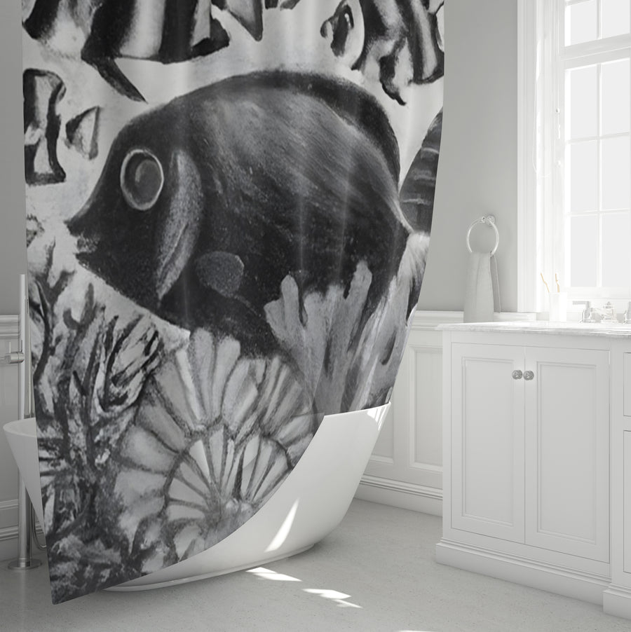 Black and White Fish Reef Illustration Shower Curtain