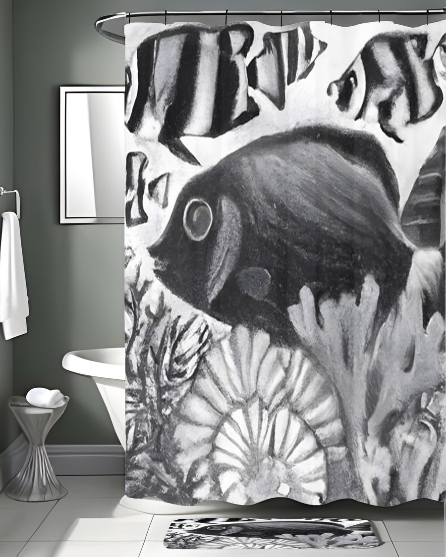 Black and White Fish Reef Illustration Shower Curtain