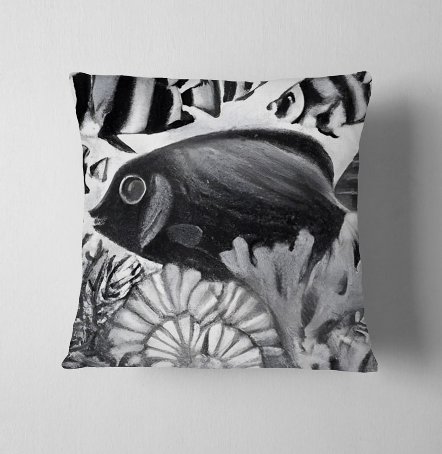 Black and White Fish Reef Illustration Throw Pillow Cover