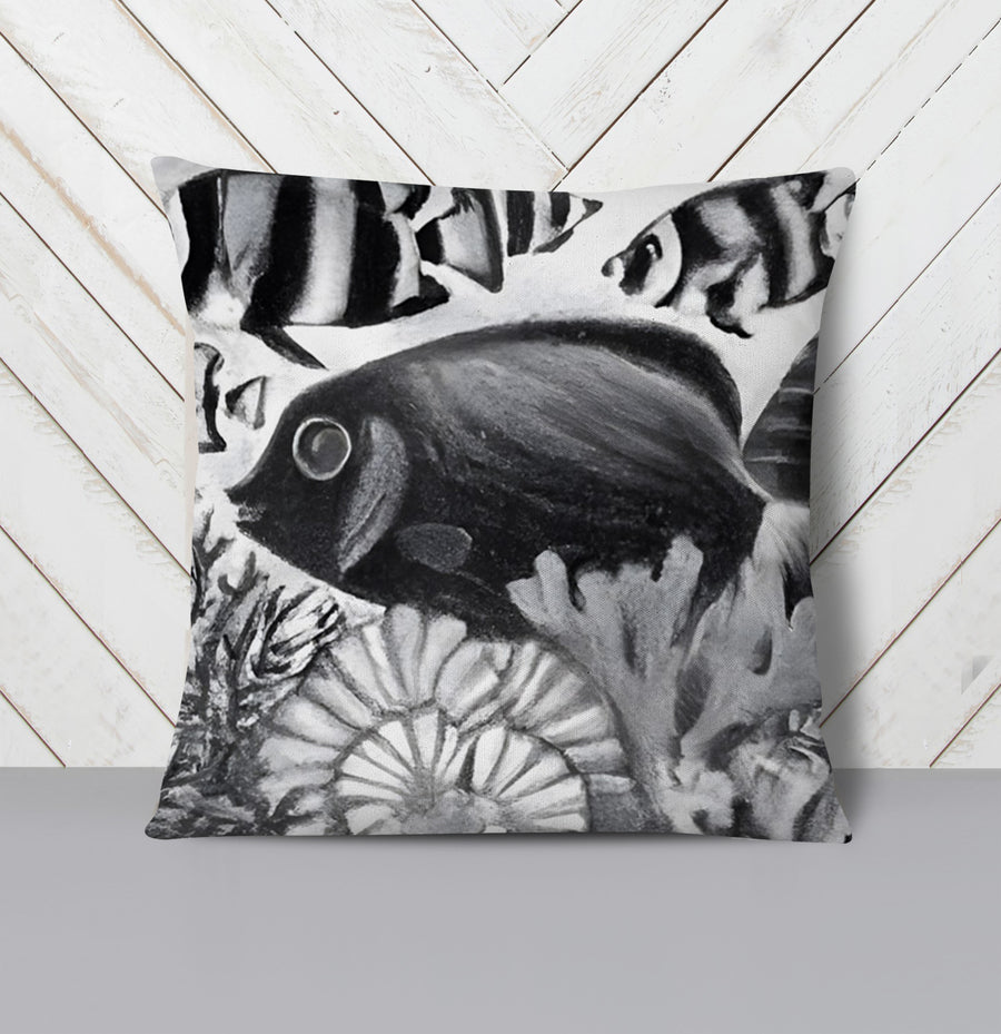 Black and White Fish Reef Illustration Throw Pillow Cover