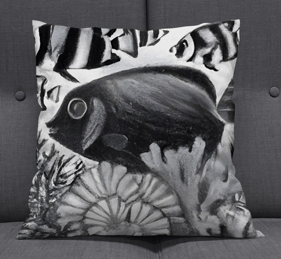 Black and White Fish Reef Illustration Throw Pillow Cover