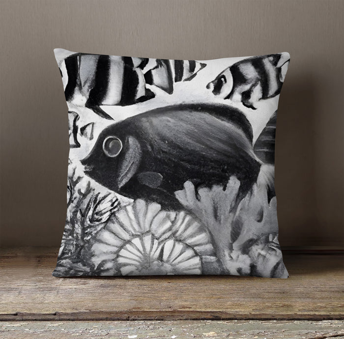 Black and White Fish Reef Illustration Throw Pillow Cover