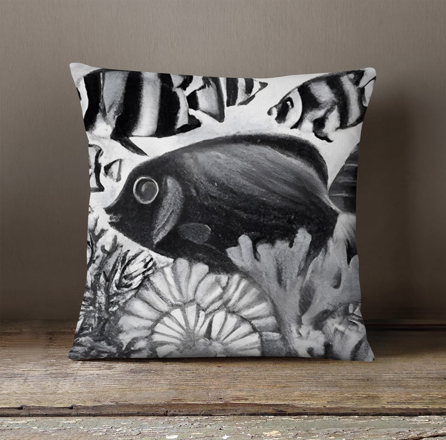 Black and White Fish Reef Illustration Throw Pillow Cover
